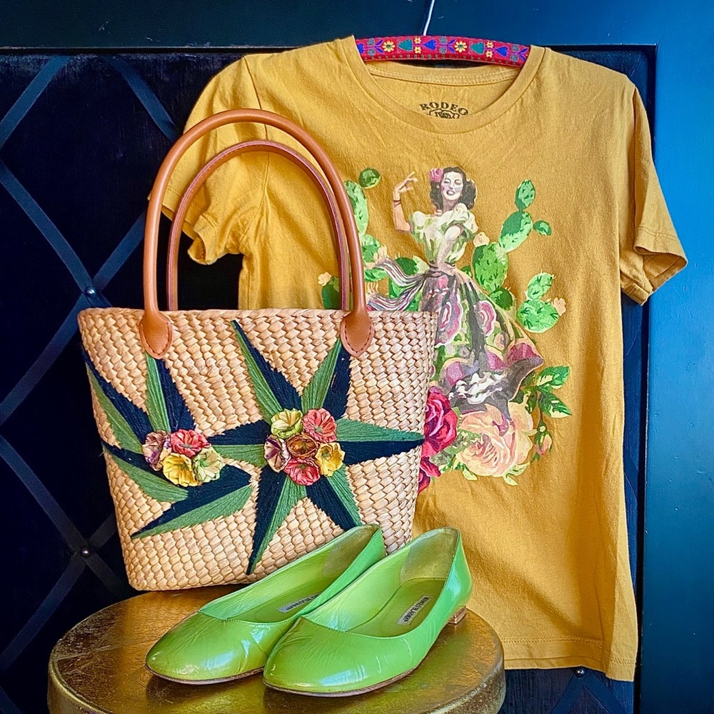 Embroidered Straw Tote Bag in Natural with Green Accents - Picture 10 of 11
